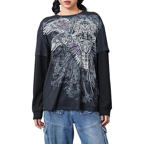 Women Vintage Graphic Grunge Tops Y2K Goth Baggy Long Sleeve Fake